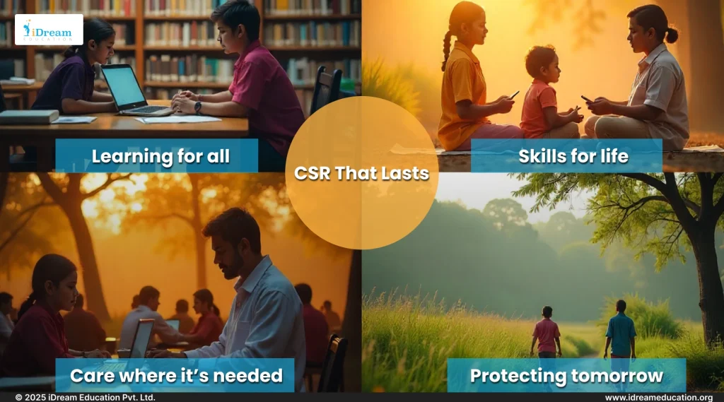 Showcase of diverse CSR initiatives in India, including digital education, rural development, and cultural preservation