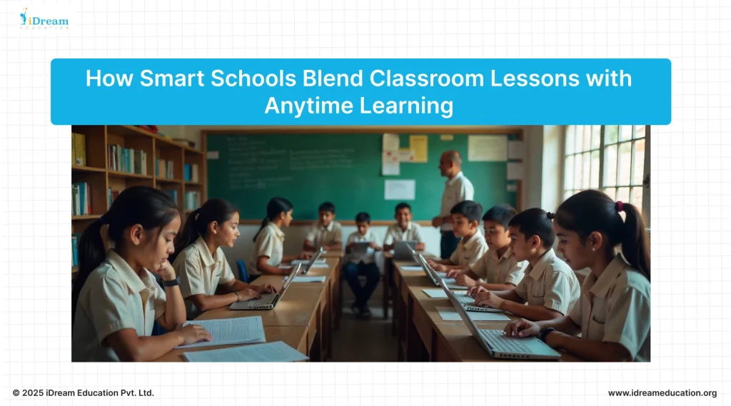 Smart Indian classroom with students using laptops, teacher guiding, blending classroom lessons with anytime learning.