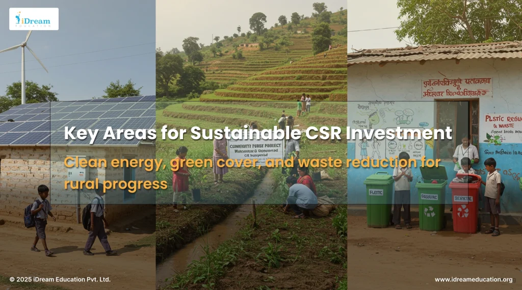 Rural progress through CSR: solar panels, afforestation, and student-led waste segregation showcase sustainable community investment.