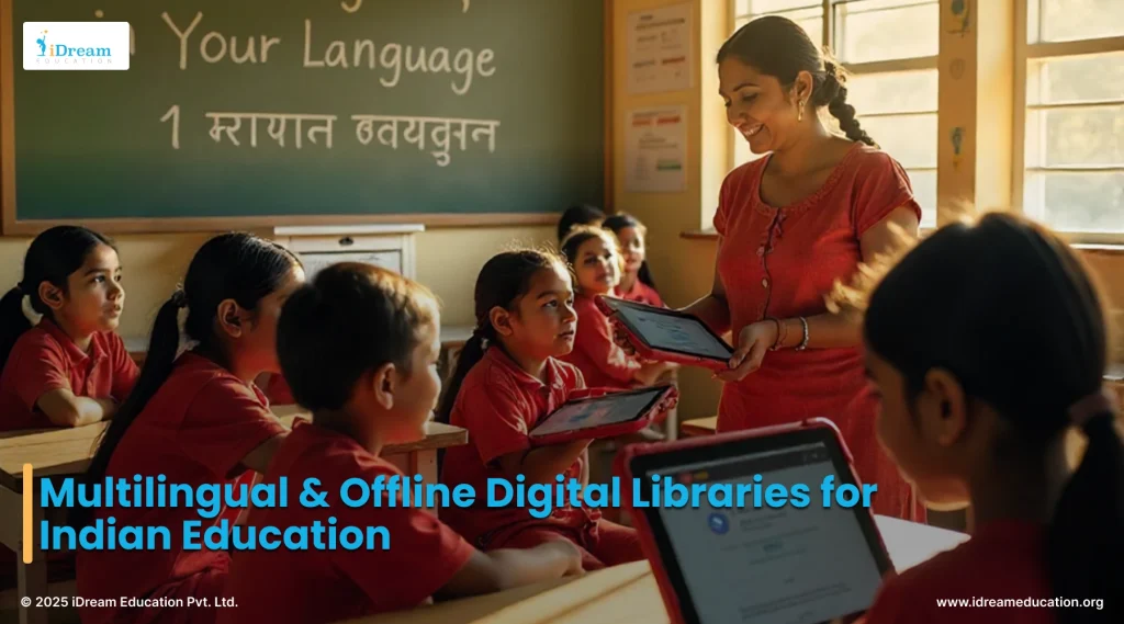 Students and teacher use digital devices in a classroom, showcasing multilingual offline library solutions for Indian education.