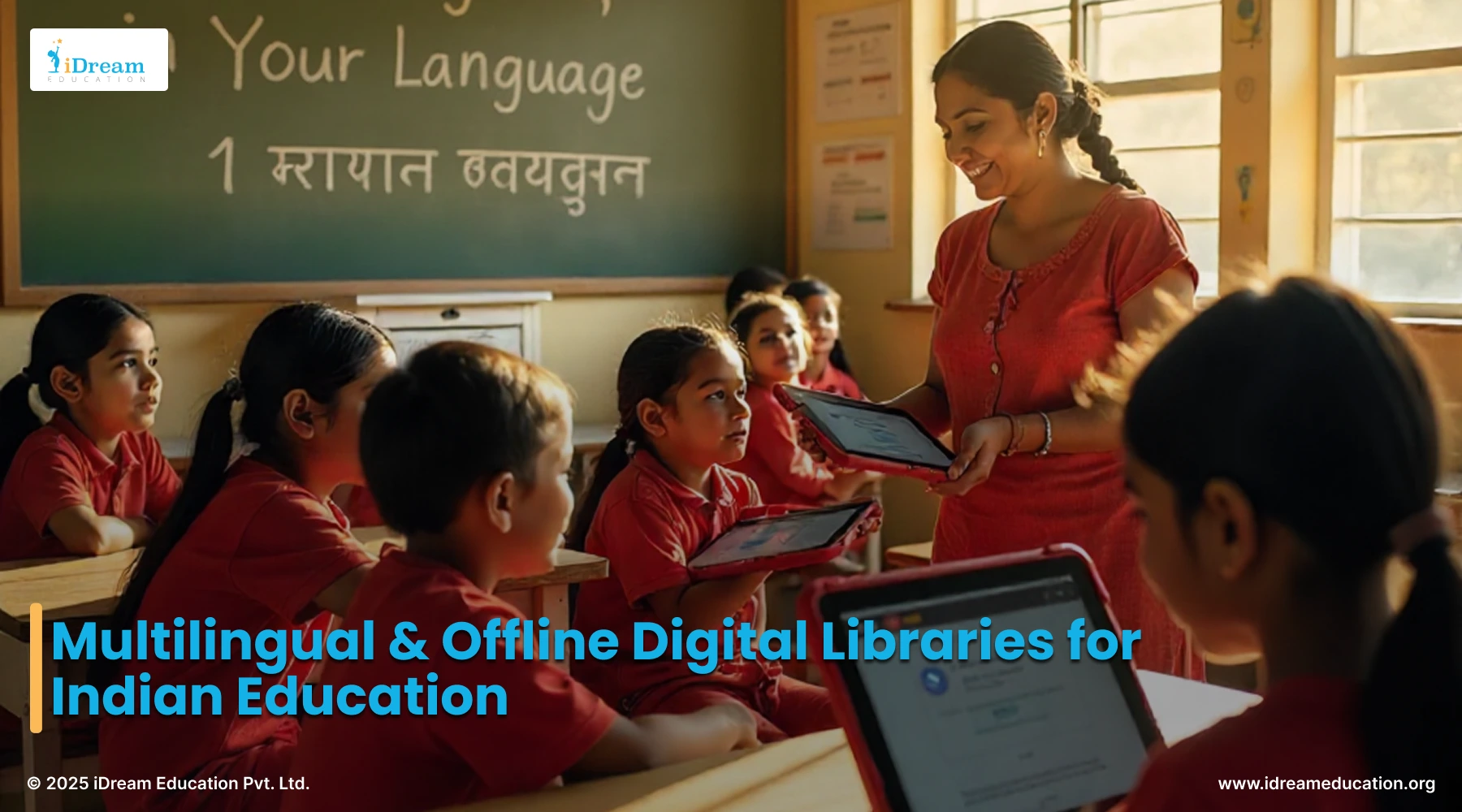 Students and teacher use digital devices in a classroom, showcasing multilingual offline library solutions for Indian education. - iDream Education