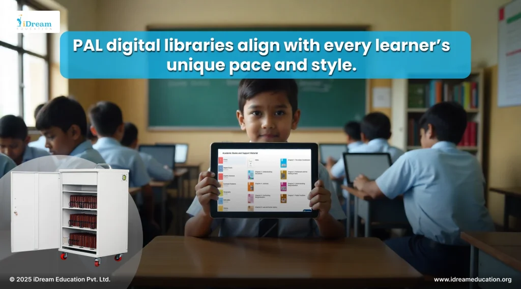 Indian classroom with student showing tablet, peers using devices, and open white digital library cabinet in view.