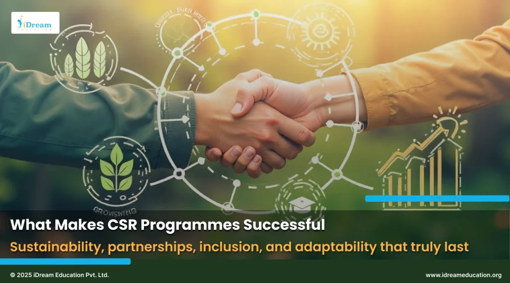 Illustration of community collaboration in India’s CSR programmes focusing on sustainability and local partnerships
