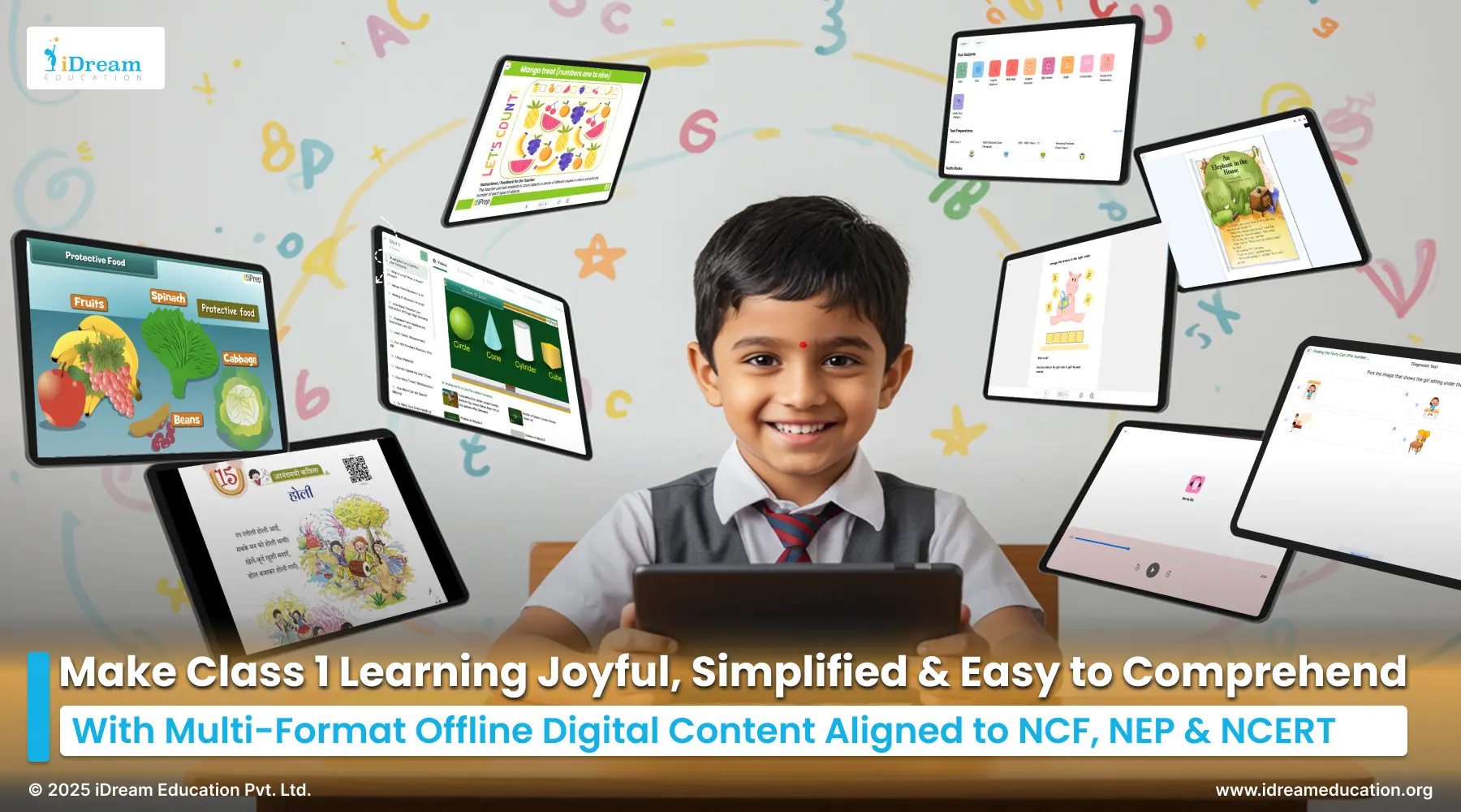 Tablets displaying digital content for Class 1, designed as per NCERT and State Board curriculum, to support interactive education in schools