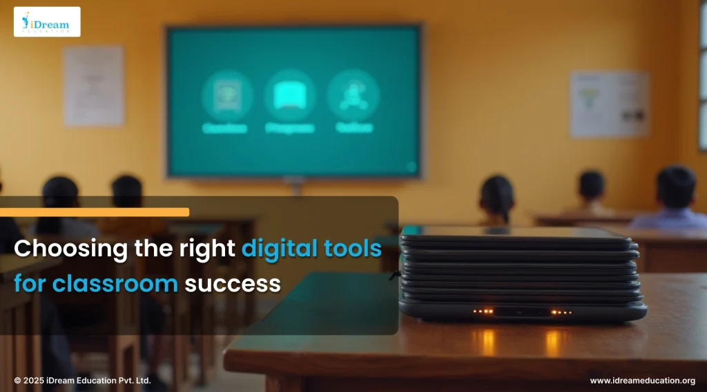 Indian government school classroom with smartboard installed and a stack of tablets on a charging table, ready for digital learning use.