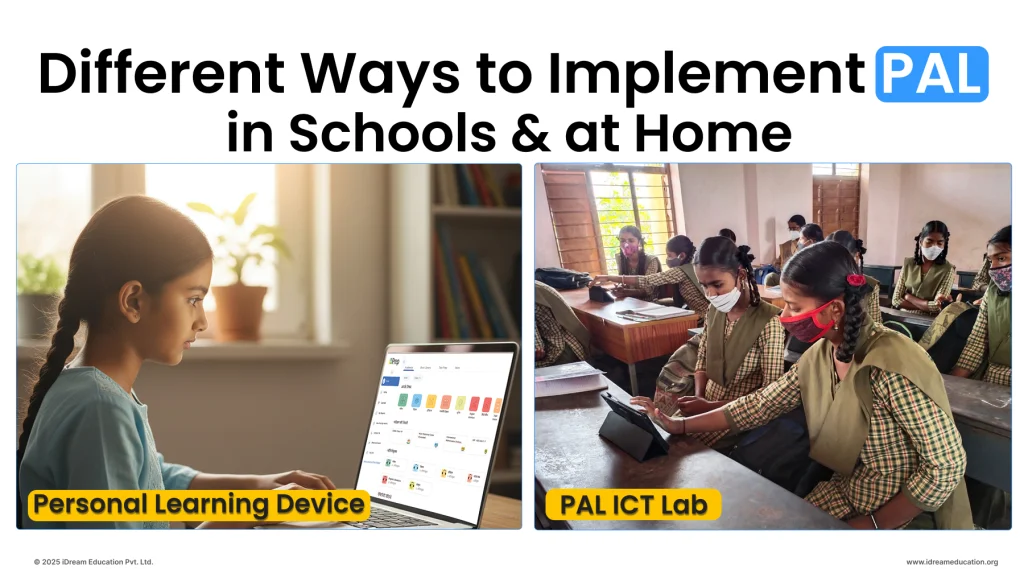 Image showing two ways of implementing PAL for students: PAL ICT lab and students using PAL learning on tablets