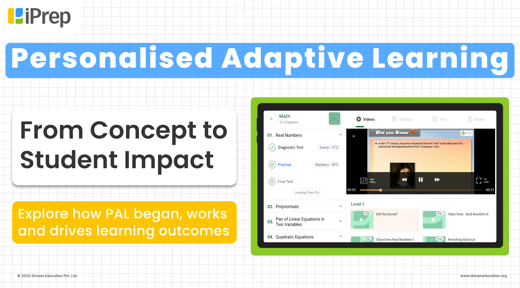 Cover image for blog on the genesis of PAL, featuring iPrep PAL solution interface and elements representing personalized adaptive learning