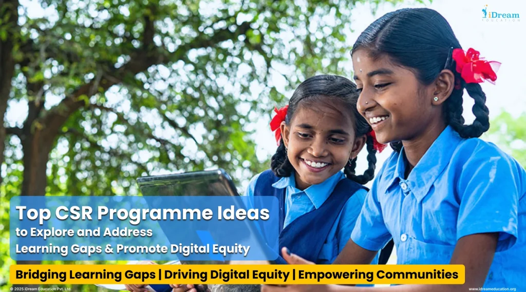 cover image schoolgirls in uniforms learning outdoors with tablets, bridging learning gaps and promoting digital equity.
