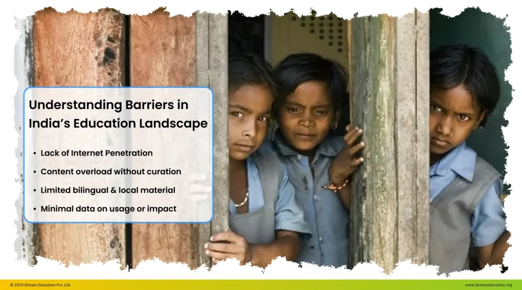 Three school children in uniforms looking out from a doorway, highlighting access barriers and challenges in digital learning across Indian schools.