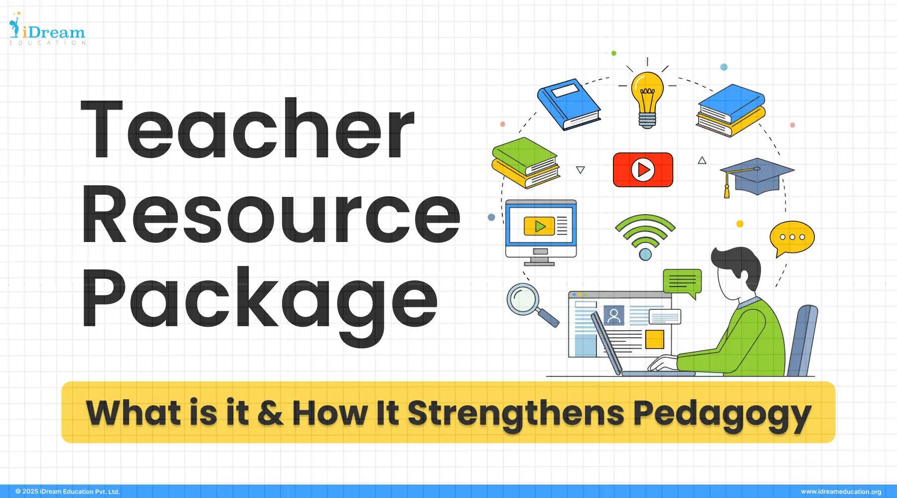 Illustration of a teacher exploring a digital Teacher Resource Package containing lesson plans, activities, and classroom tools