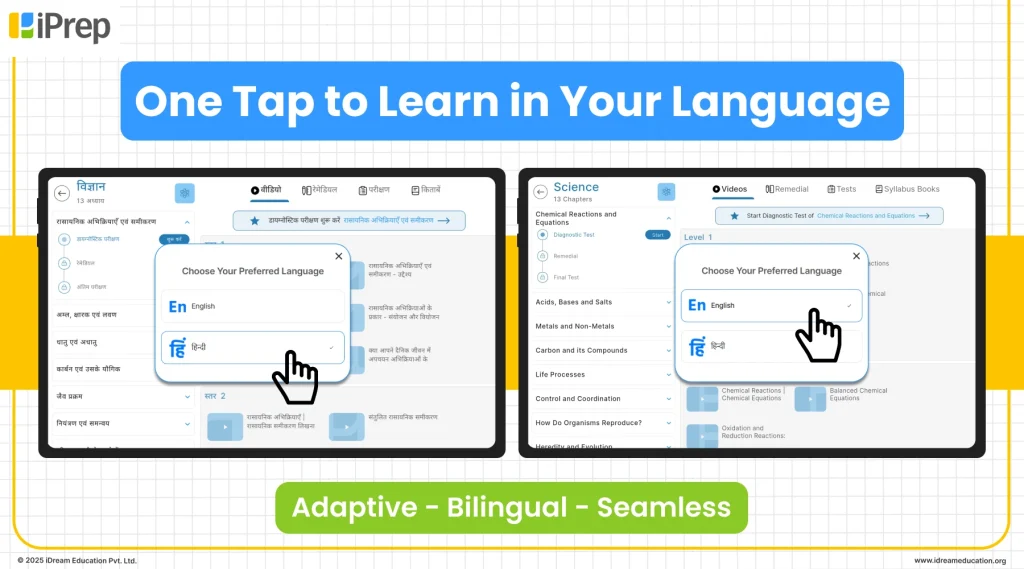 Tablets displaying the bilingual iPrep PAL app with an easy toggle to switch between Hindi, English, and regional languages for seamless learning