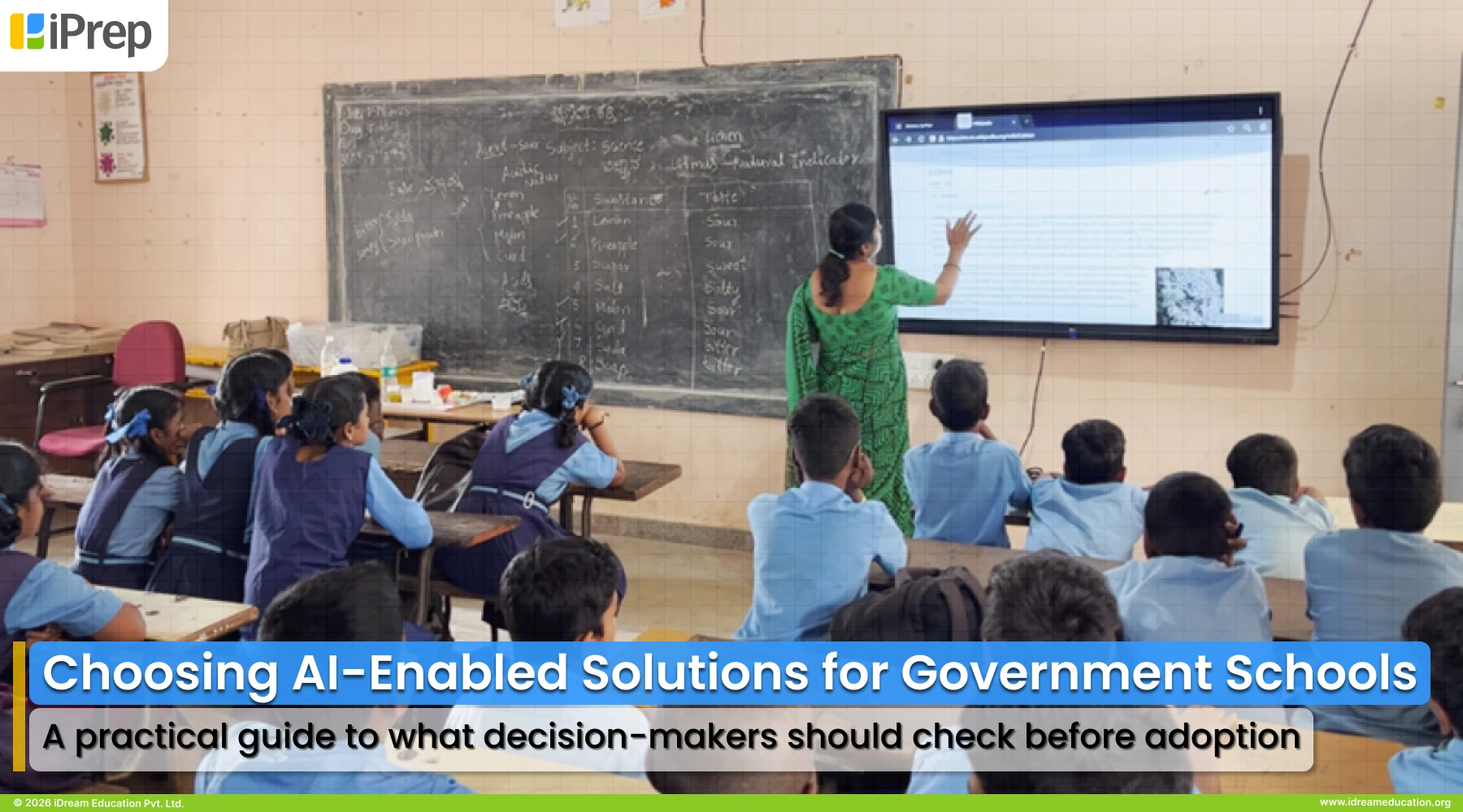 A teacher using an AI-enabled digital screen in a government school classroom, showing how technology supports everyday teaching under real classroom conditions.