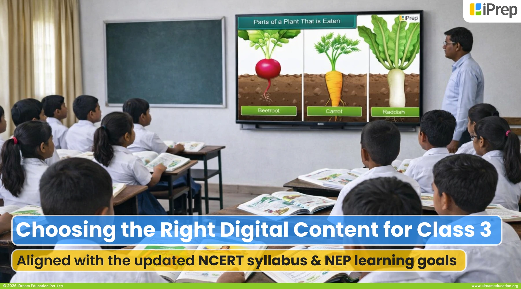 Students learning in a classroom using digital content for Class 3 displayed on a smart screen, aligned with the updated NCERT syllabus and NEP learning goals.