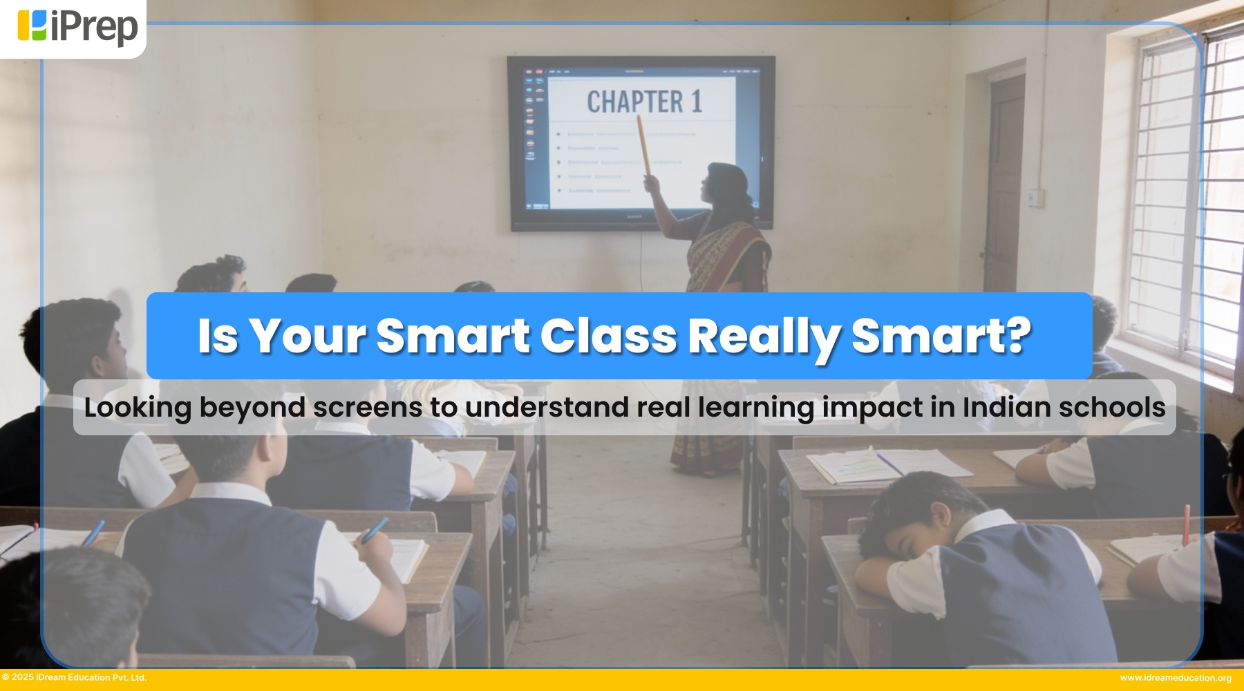 Teacher using smart classroom board while students follow the lesson, highlighting the gap between content display and actual student understanding.