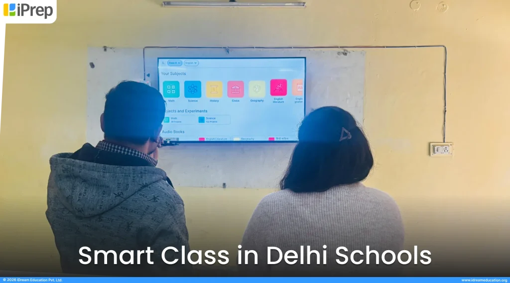 Teacher exploring smart class LMS and content on a smart class setup in Delhi