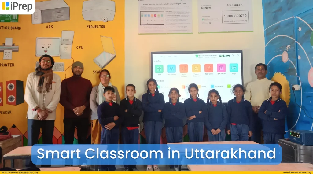 Teacher and students showcasing a smart classroom in Uttarakhand school.