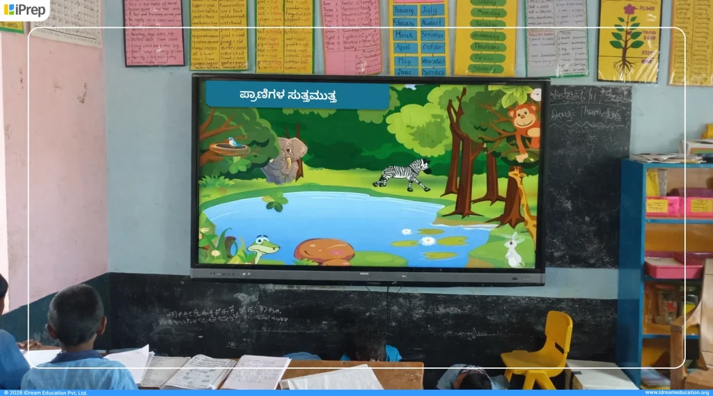 Students studying through animated smart class video content in Kolar government school