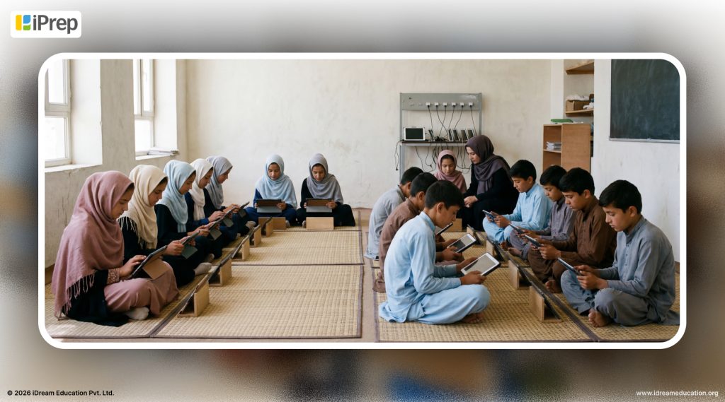 Image showing students learning in Afghanistan under an offline PAL programme on tablets implemented for 40000 students by iDream Education to bridge learning gaps