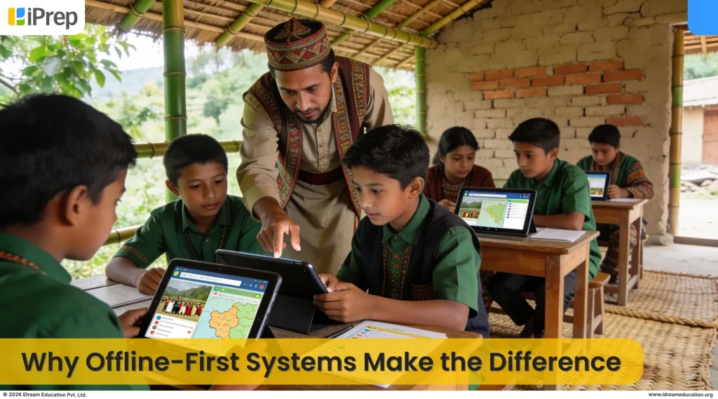 A teacher guiding students using iPrep tablets in a school without internet, showing how offline-first digital learning ensures scalable access in world's remote areas.