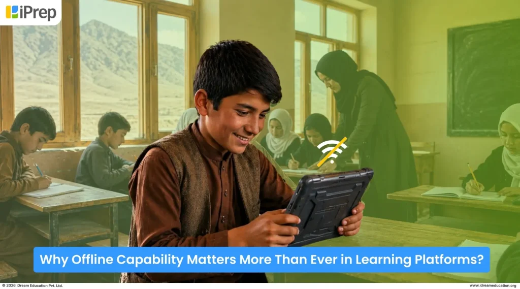 A student in a low-connectivity classroom smiles while using a tablet with no internet, highlighting why offline capability matters in education platforms.