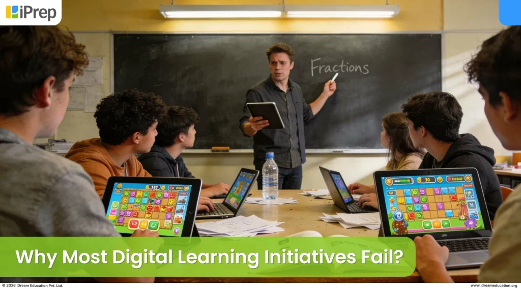 Students distracted by games on devices while a teacher tries to teach fractions, illustrating why poor ICT implementation in schools leads to failed digital learning programs.