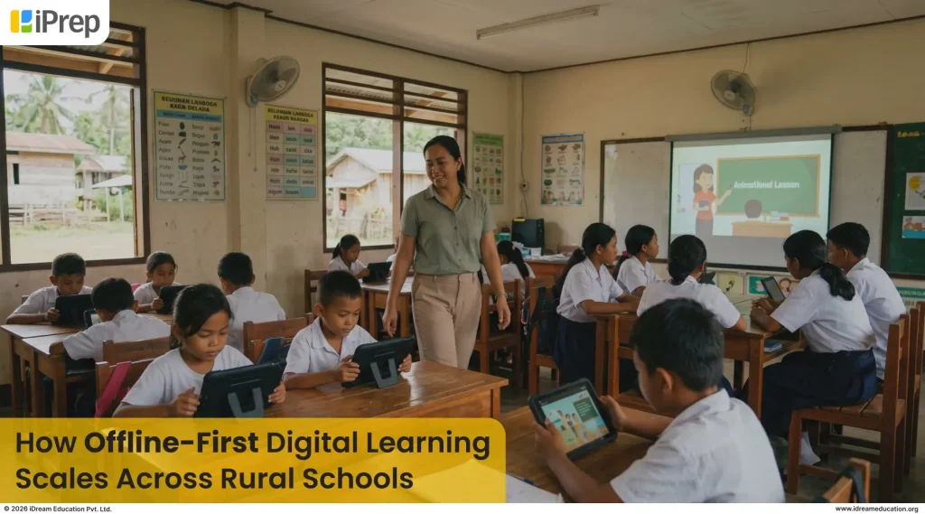 Single teacher managing multiple grade levels using tablet-based learning in a rural Philippines or Indonesia government school