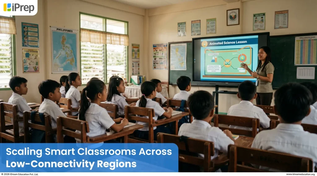 Teacher and students in a rural government school in Southeast Asia using a digital smart classroom with projected lesson content

