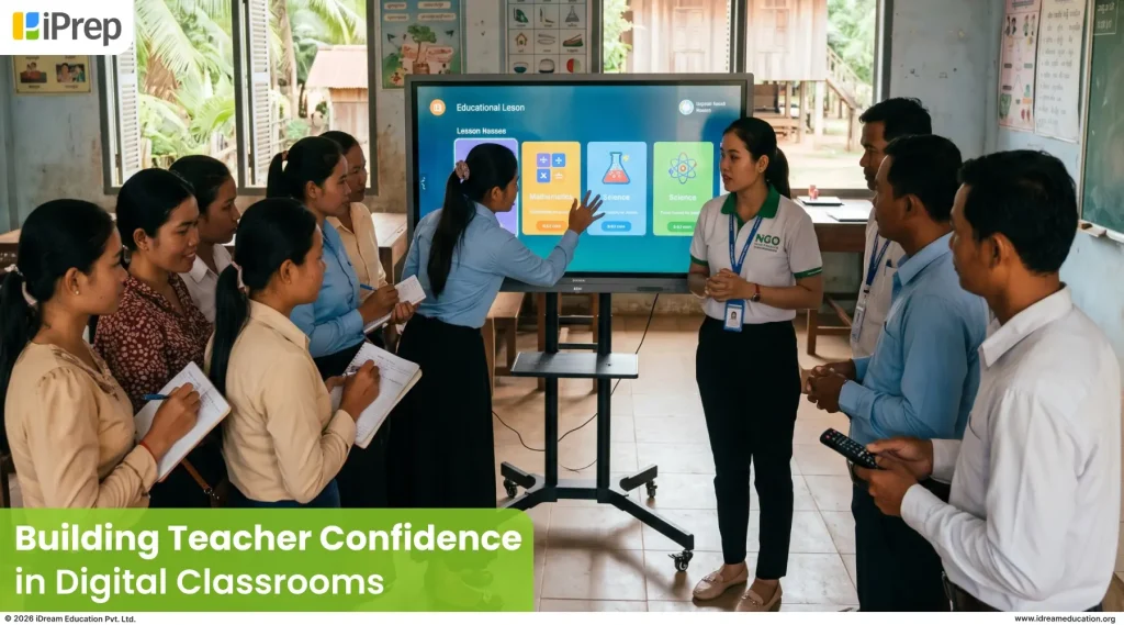 Local teachers receiving orientation on offline digital learning platform deployment in rural Southeast Asian school