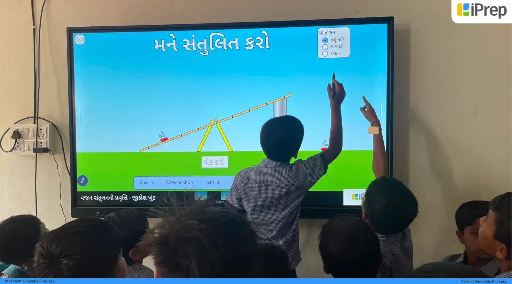 Students actively engaging with Smart Class digital content on an interactive flat panel in their classroom