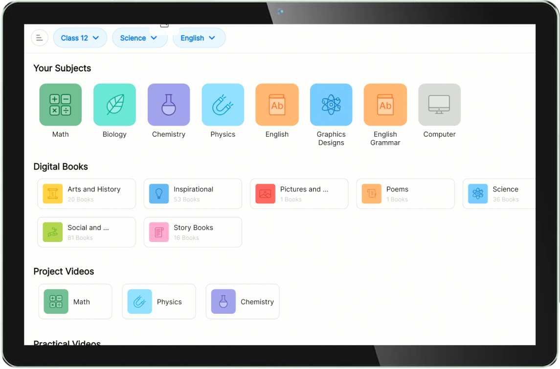 iPrep Learning App on Tablet – Class 12 Science subjects, digital books, project videos