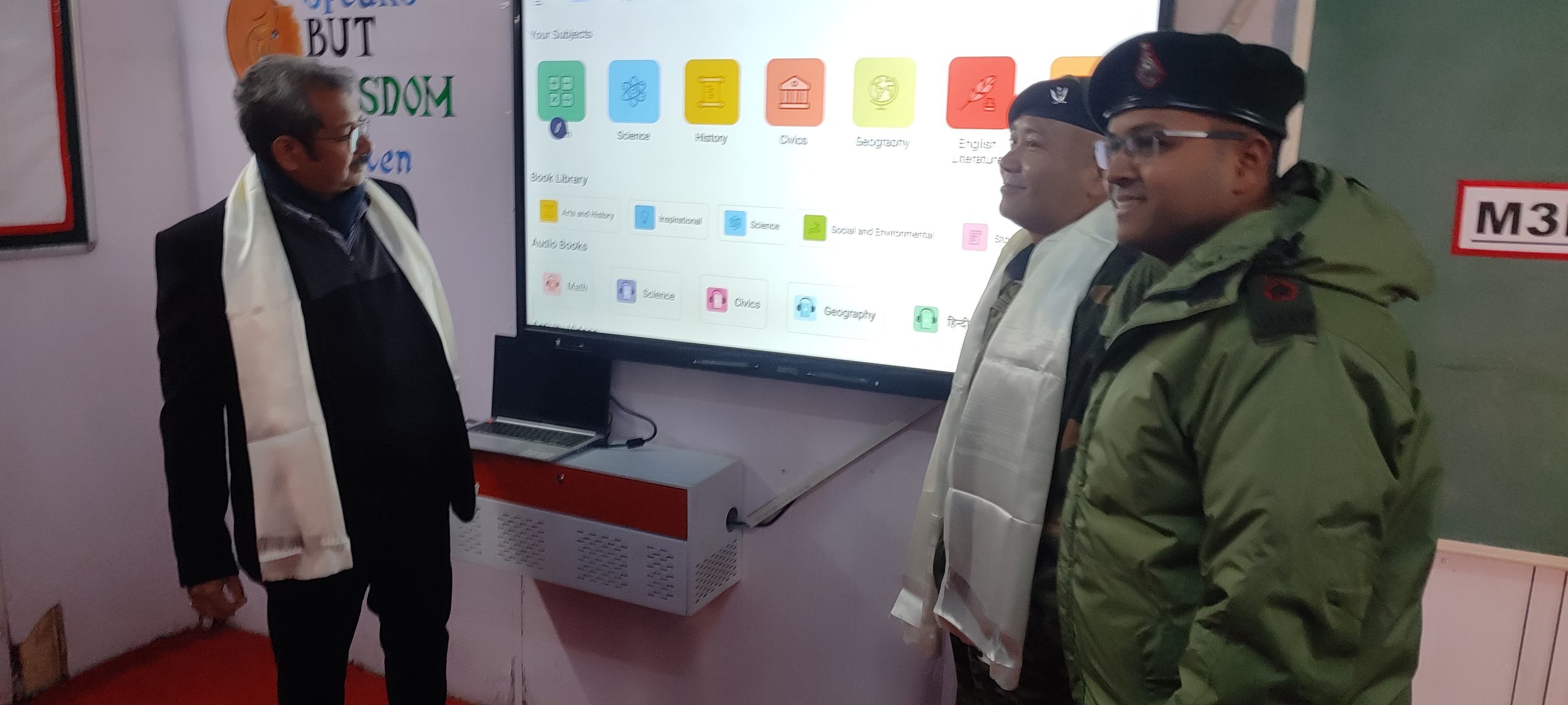 M3M Foundation and Indian Army representatives viewing the smart classroom at AGS Dras